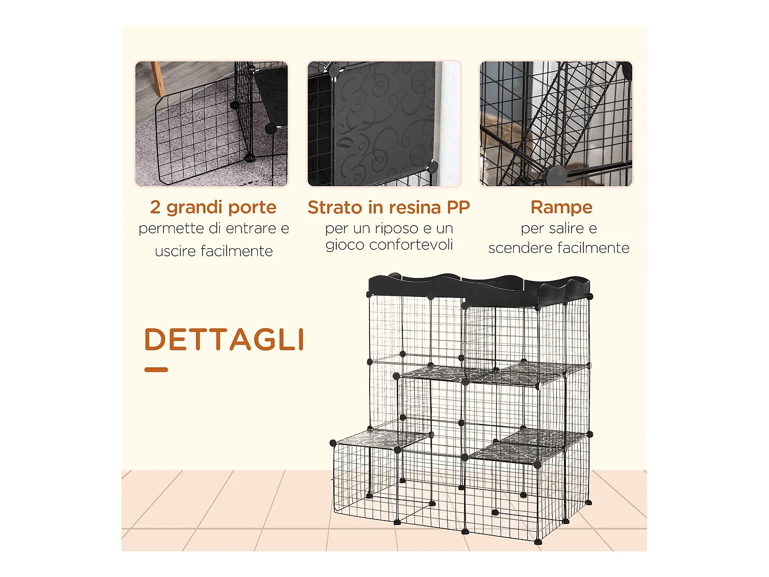 Recinto per animali domestici modulabile e multilivello nero