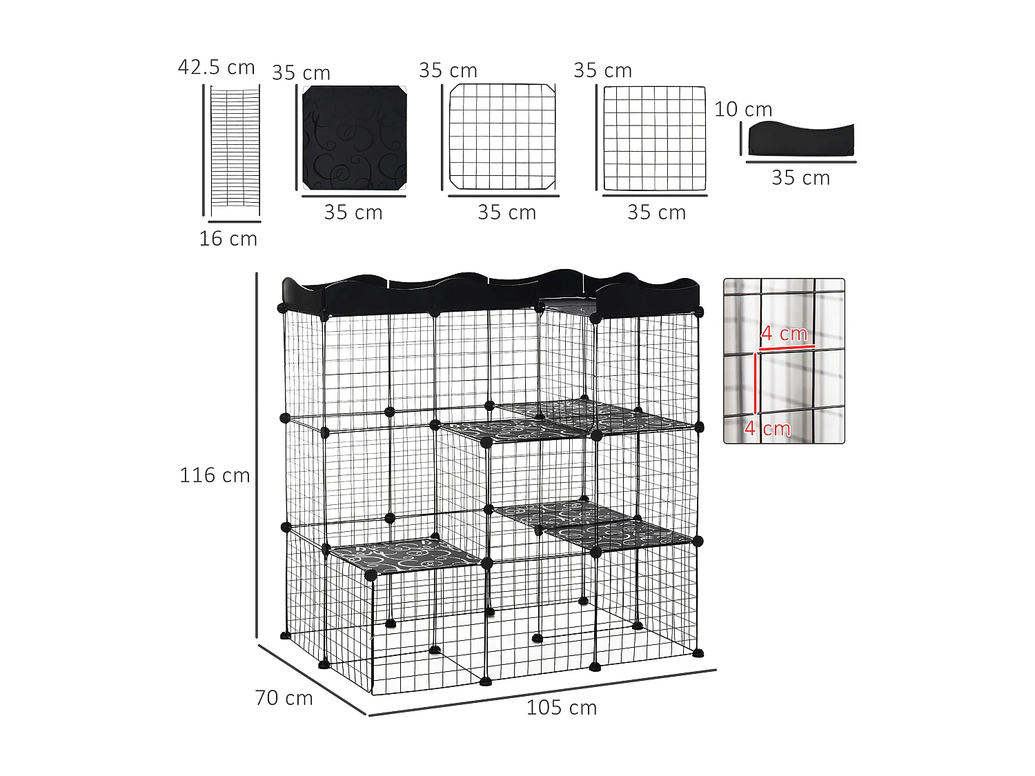 Recinto per animali domestici modulabile e multilivello nero