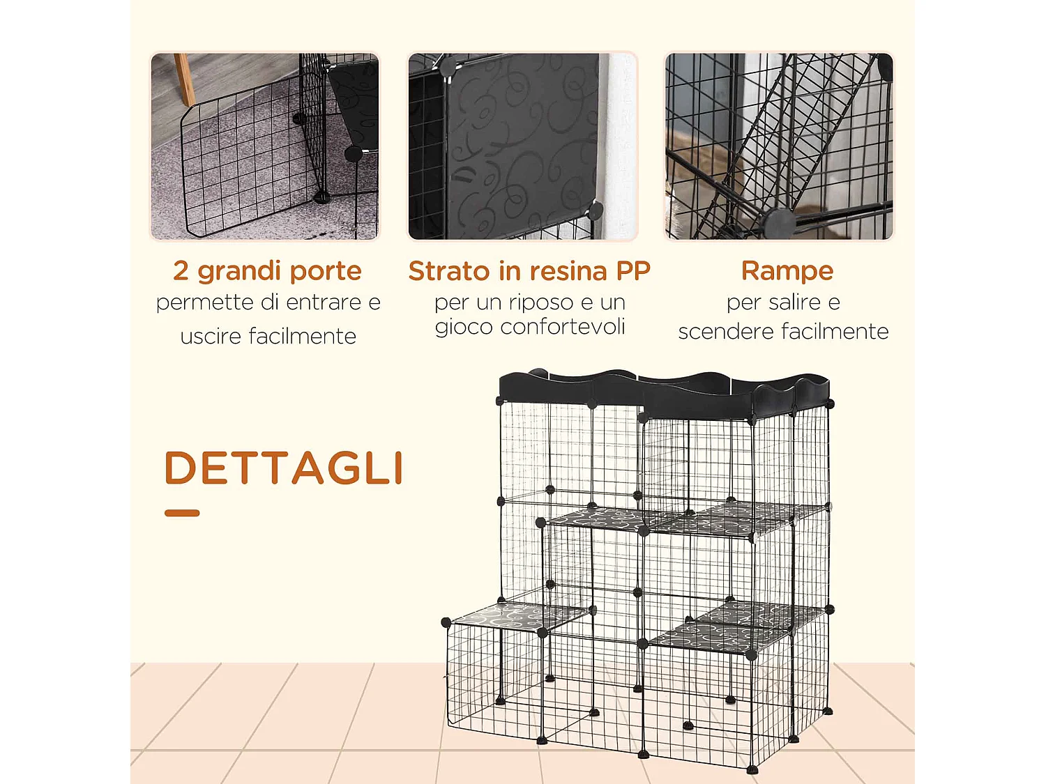 Recinto per animali domestici modulabile e multilivello nero