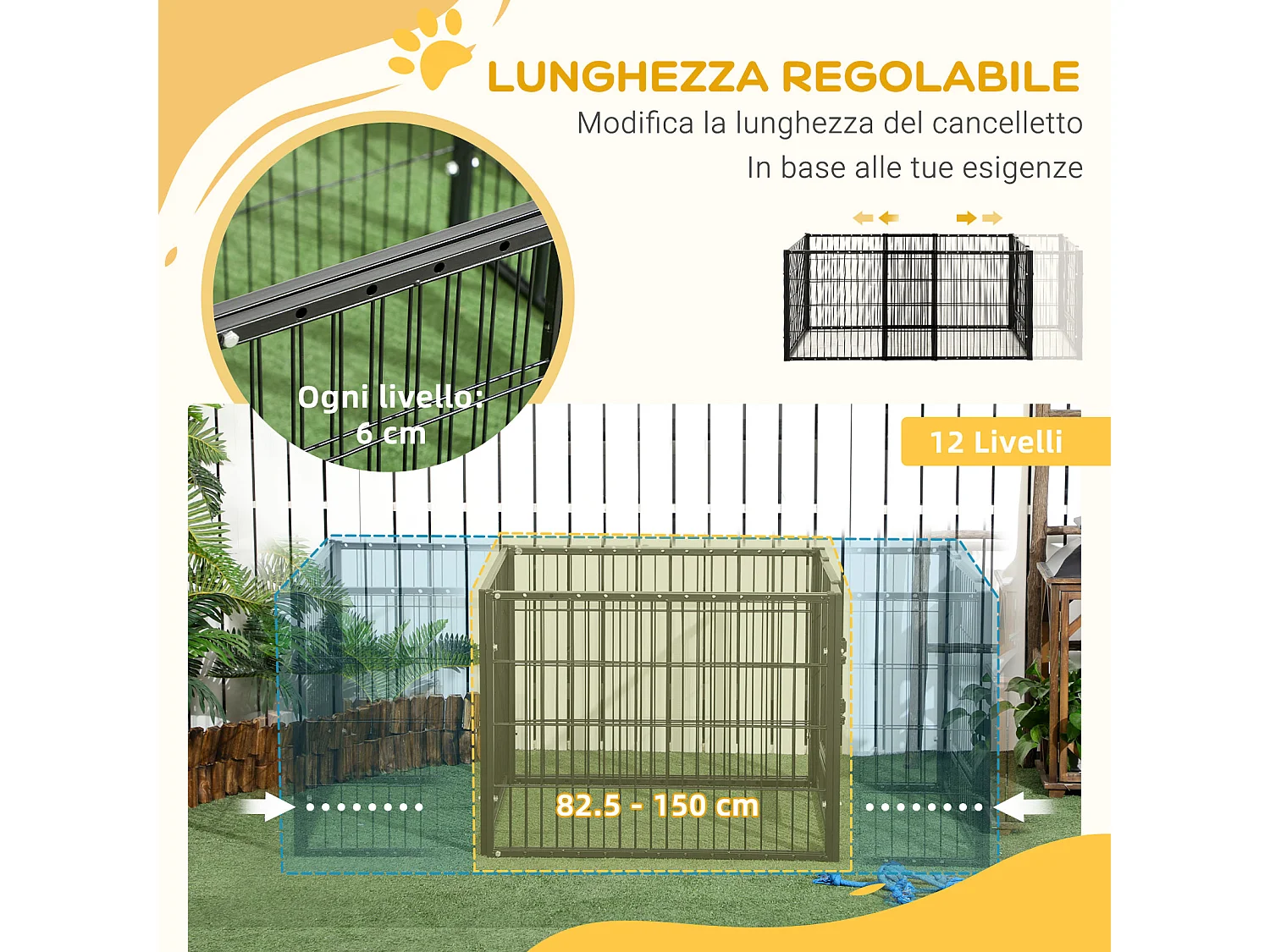 Recinto per cani piccoli a 6 pannelli 82.5-150x79x61cm metallo