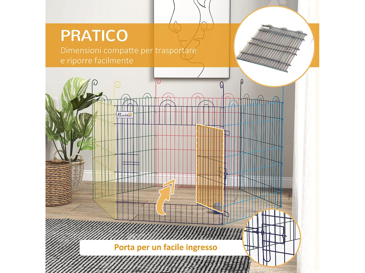 Cancellino per cani a 6 pannelli con chiusura a scatto multicolore