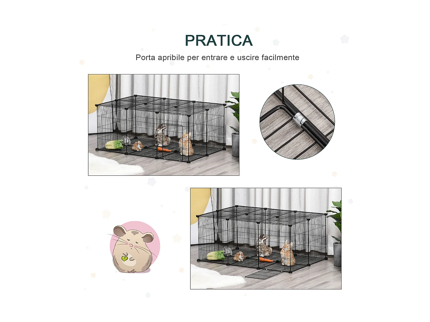 Gabbia per conigli e piccoli animali, 22 pannelli modulabili in metallo