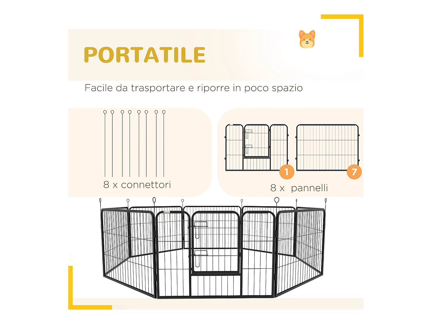 Recinto per cani a 8 pezzi modulabili in acciaio nero