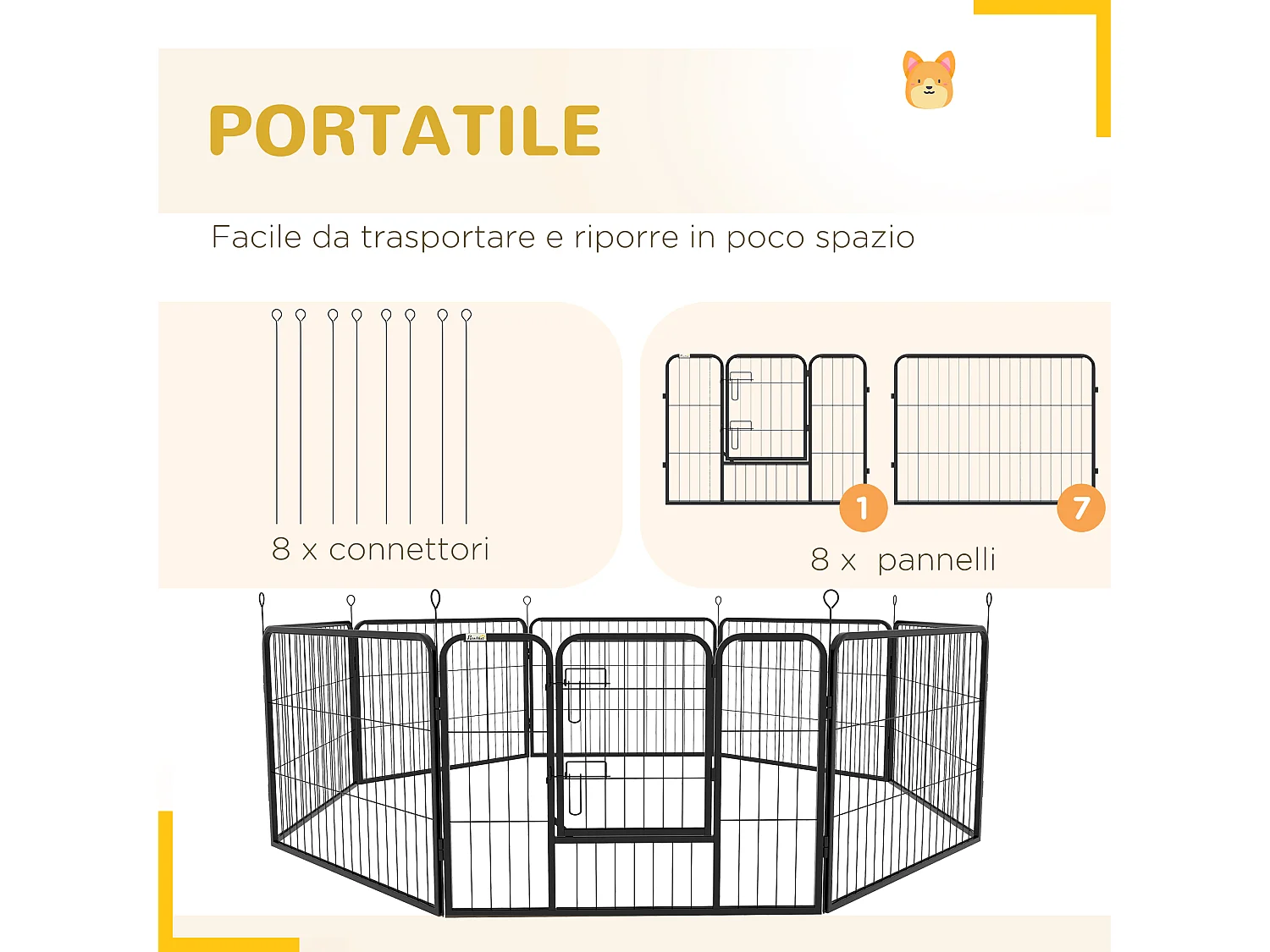 Recinto per cani a 8 pezzi modulabili in acciaio nero