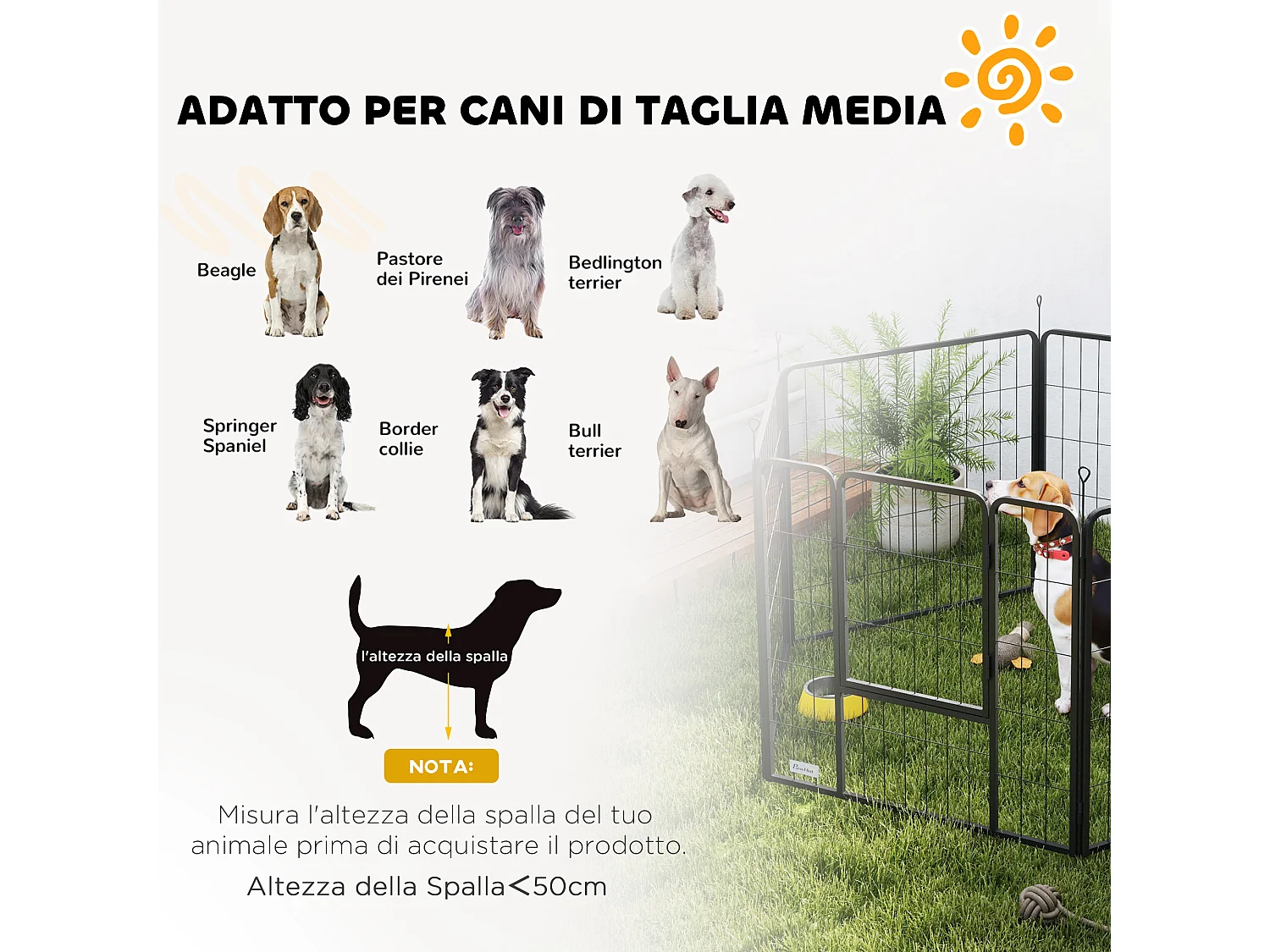 Recinto per cani a 6 pannelli pieghevole con porta alto 80cm grigio scuro