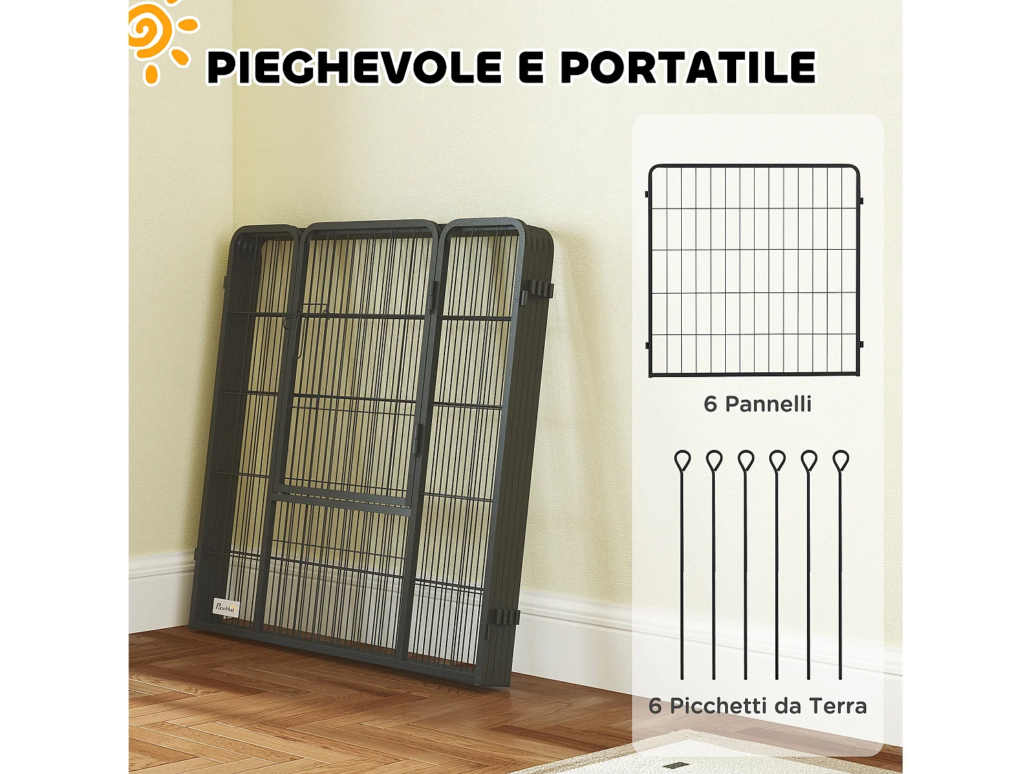 Recinto per cani a 6 pannelli pieghevole con porta alto 80cm grigio scuro