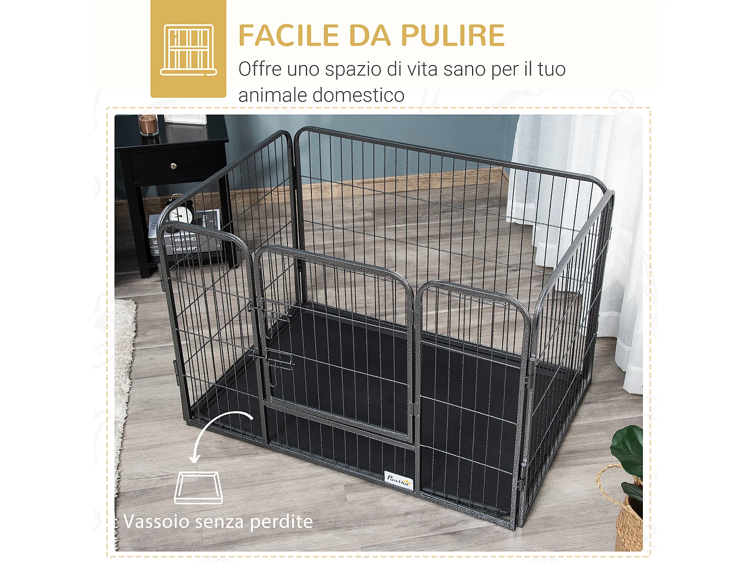 Box per cani in metallo con porta e vassoio sul fondo 109x74x71cm grigio