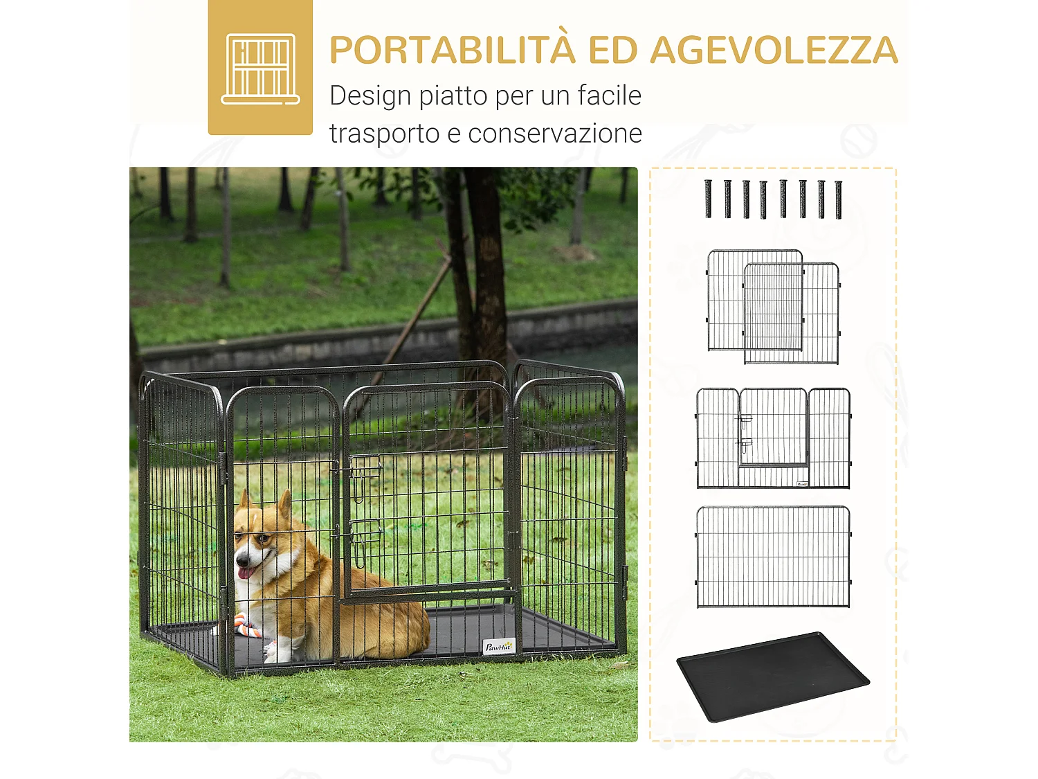 Box per cani in metallo con porta e vassoio sul fondo 109x74x71cm grigio