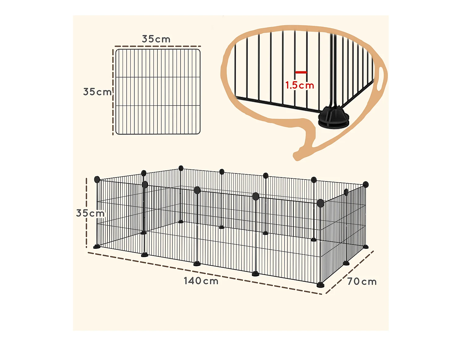 Recinto per animali modulabile con 12 pannelli 35x35 cm in metallo nero