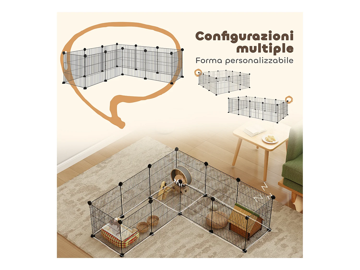 Recinto per animali modulabile con 12 pannelli 35x35 cm in metallo nero