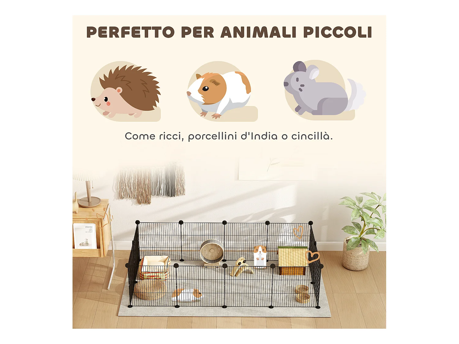 Recinto per animali modulabile con 12 pannelli 35x35 cm in metallo nero