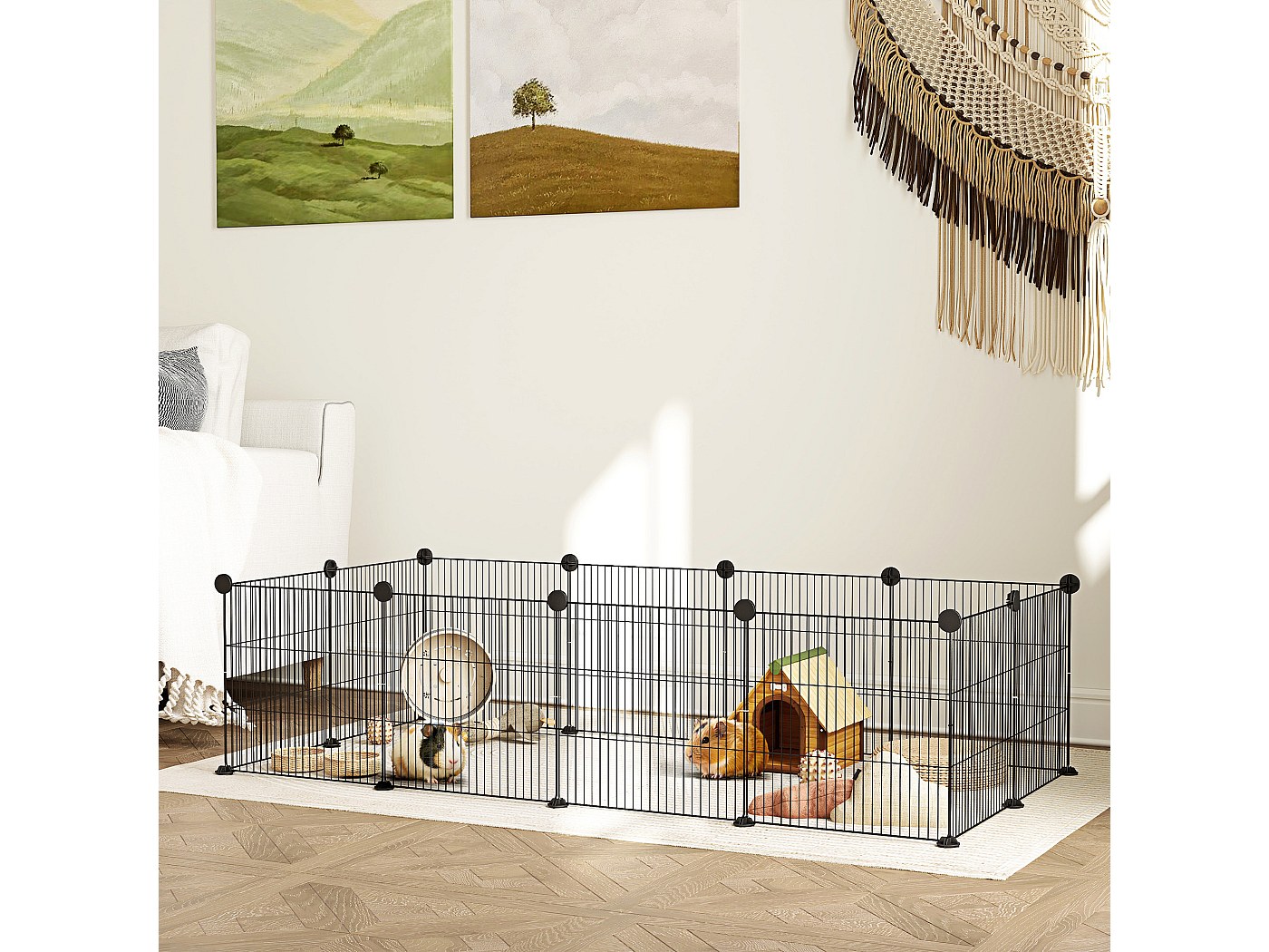 Recinto Modulare PawHut Per Piccoli Animali – 21 Pannelli In PP + 6 In Acciaio – 140x70x70 Cm – Per Conigli, Porcellini D'India E Cincillà – Nero, Personalizzabile