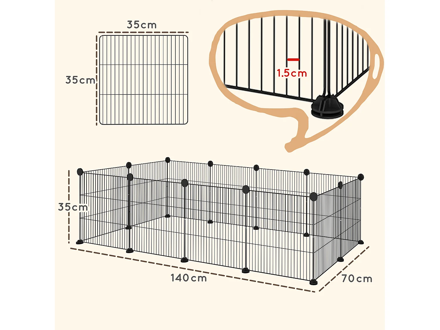 Recinto per animali modulabile con 12 pannelli 35x35 cm in metallo nero