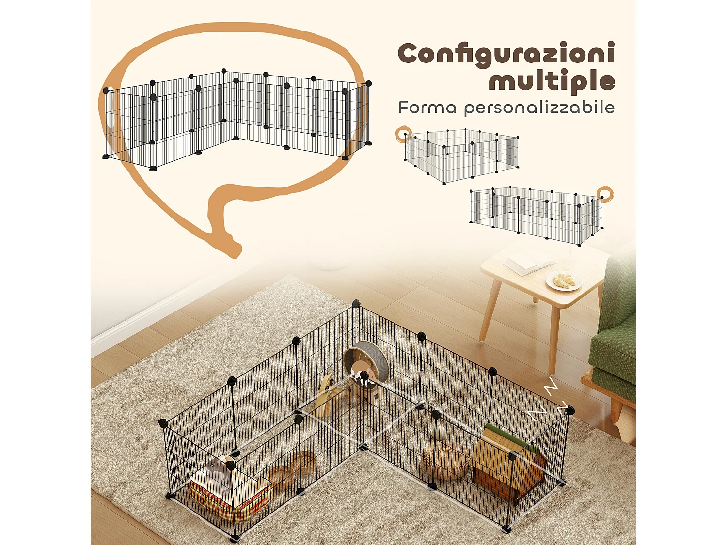 Recinto per animali modulabile con 12 pannelli 35x35 cm in metallo nero