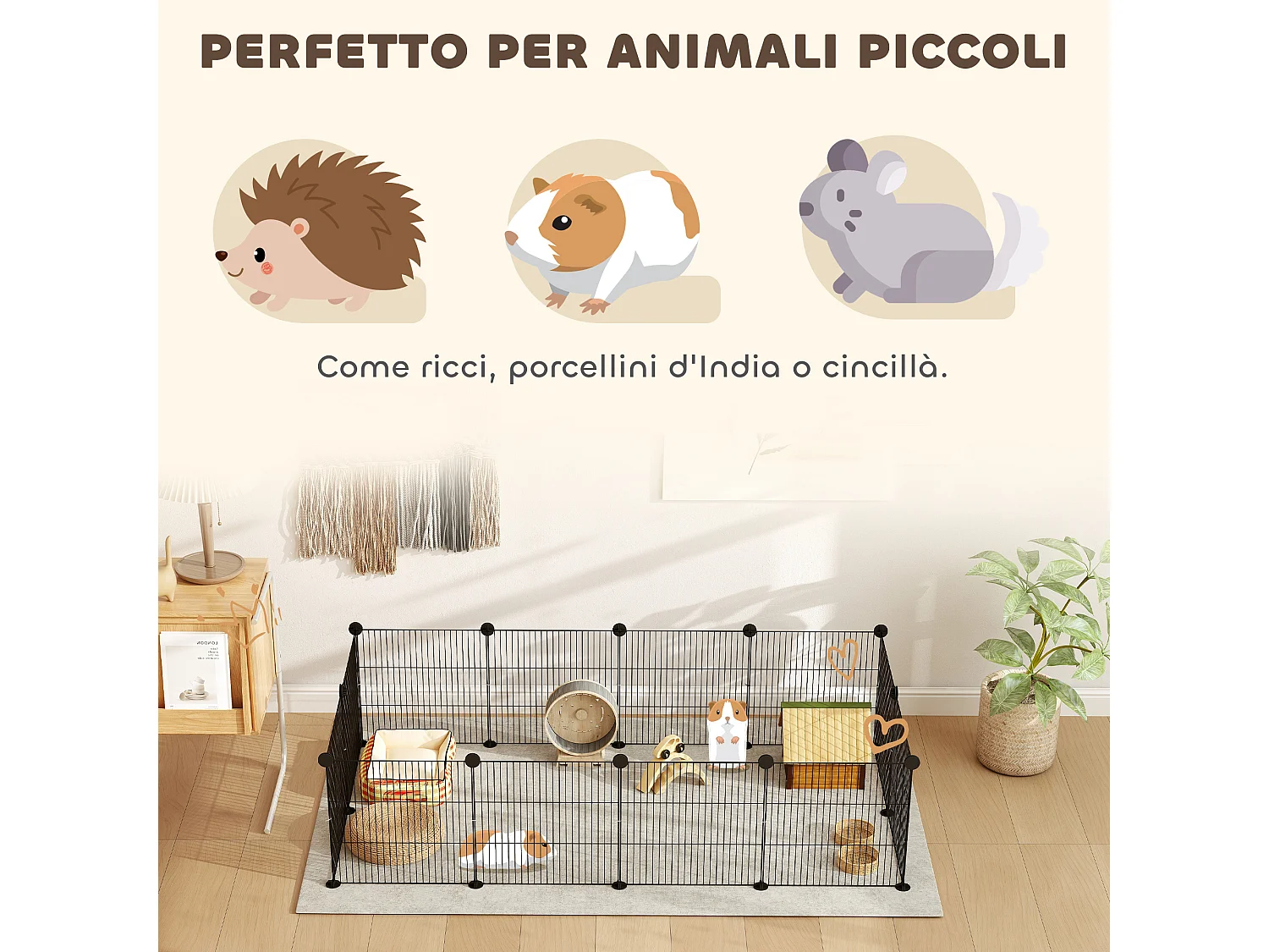 Recinto per animali modulabile con 12 pannelli 35x35 cm in metallo nero