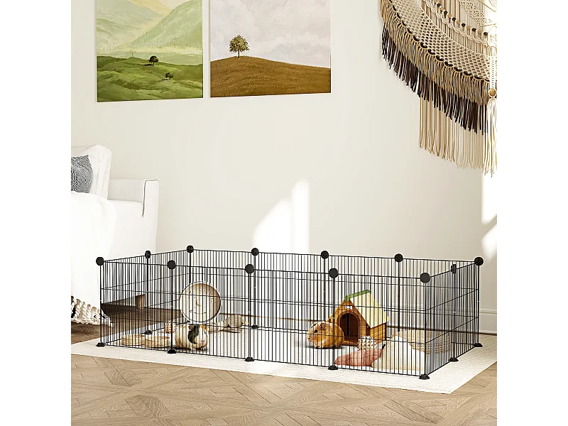 Recinto per animali modulabile con 12 pannelli 35x35 cm in metallo nero