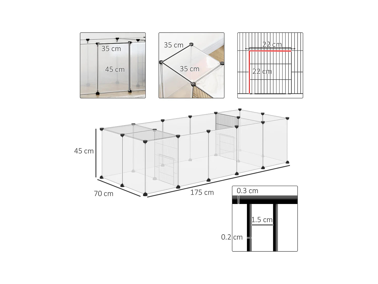 Recinto per animali modulabile con 20 pannelli e 2 porte bianco e nero