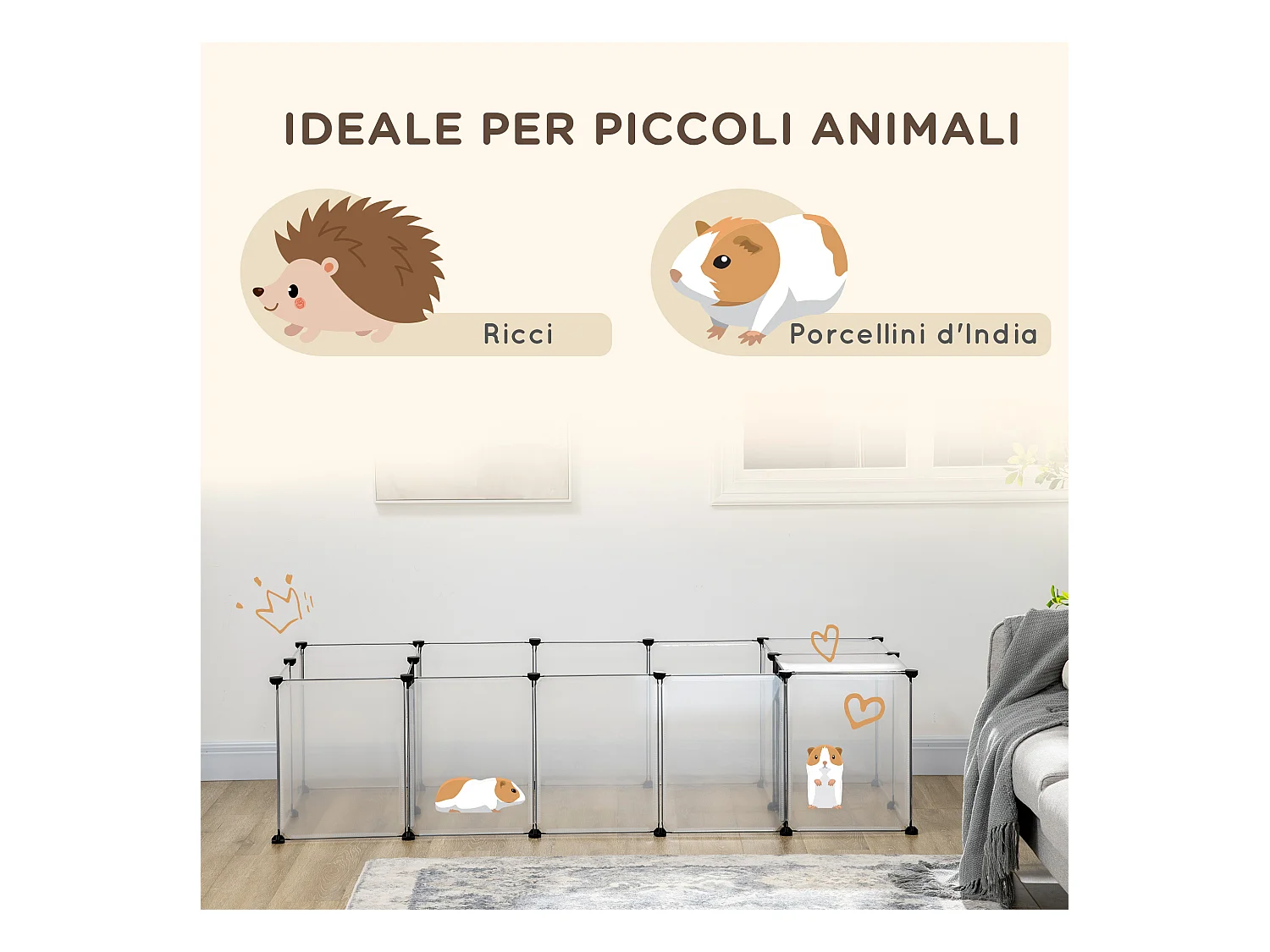 Recinto per animali modulabile con 20 pannelli e 2 porte bianco e nero