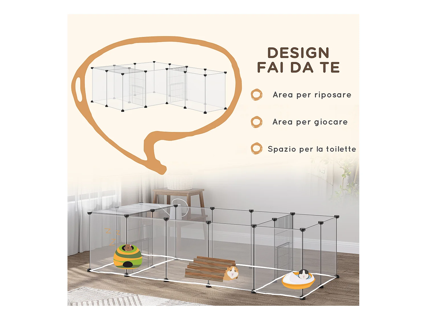 Recinto per animali modulabile con 20 pannelli e 2 porte bianco e nero