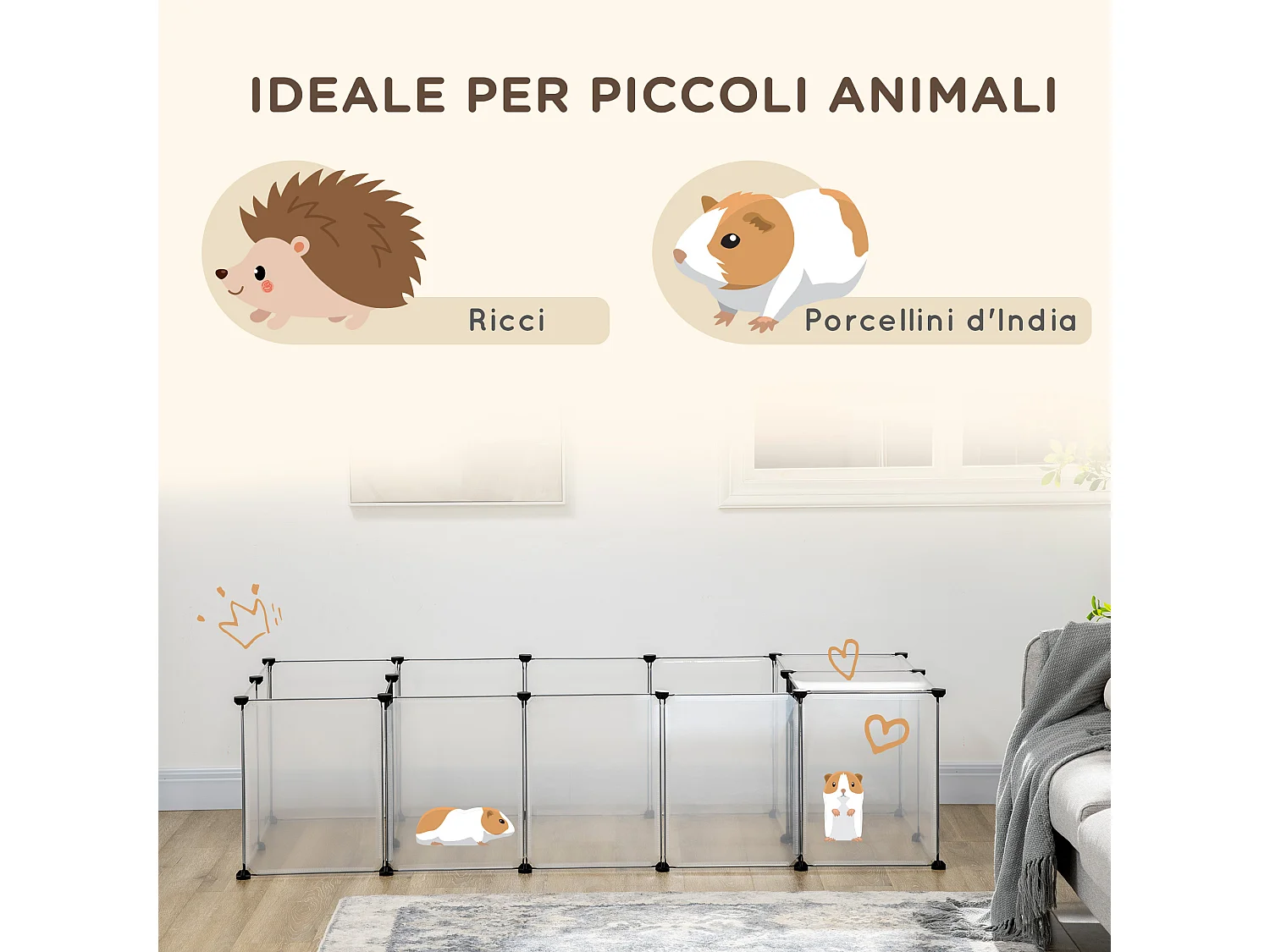 Recinto per animali modulabile con 20 pannelli e 2 porte bianco e nero