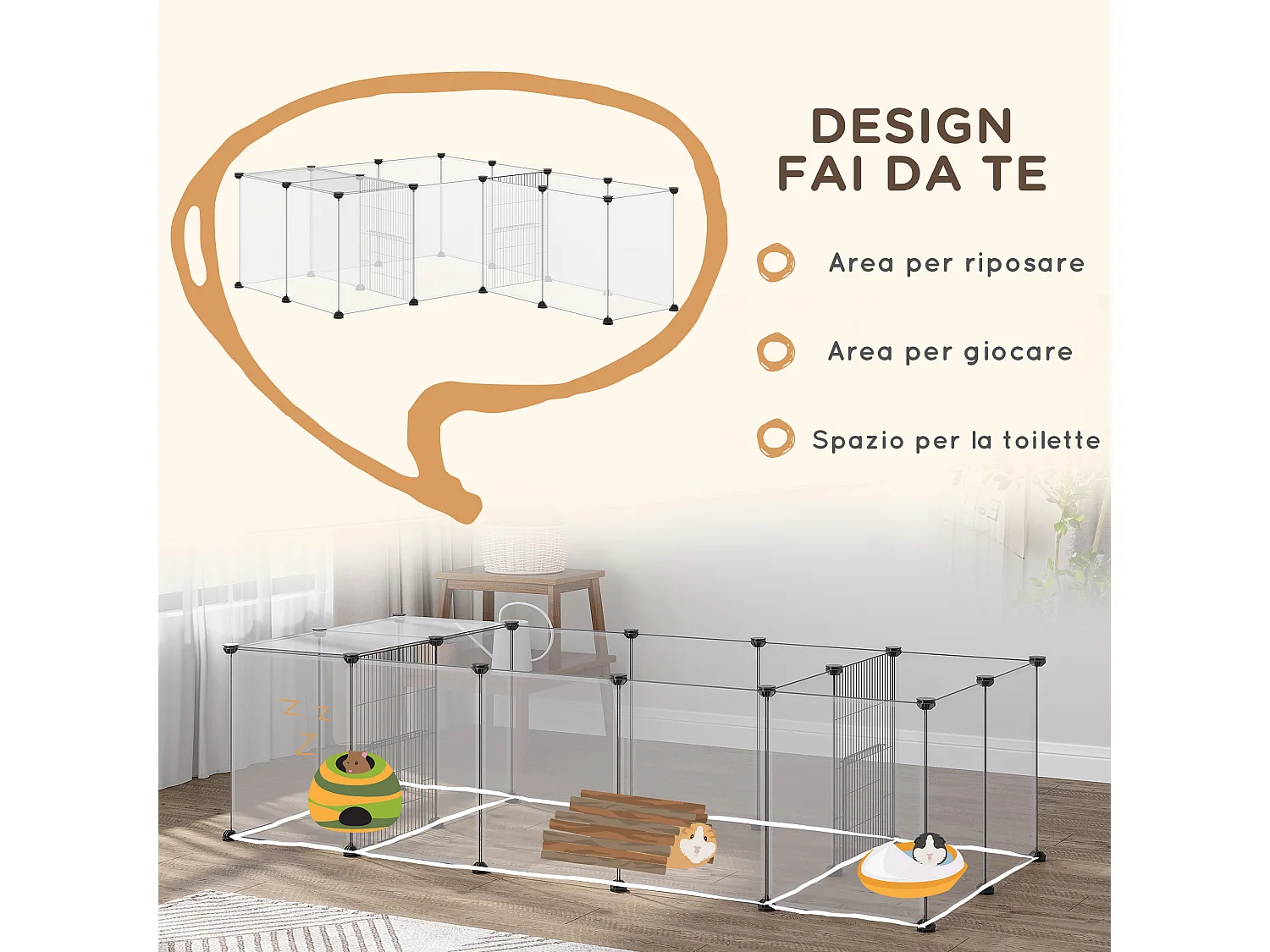 Recinto per animali modulabile con 20 pannelli e 2 porte bianco e nero
