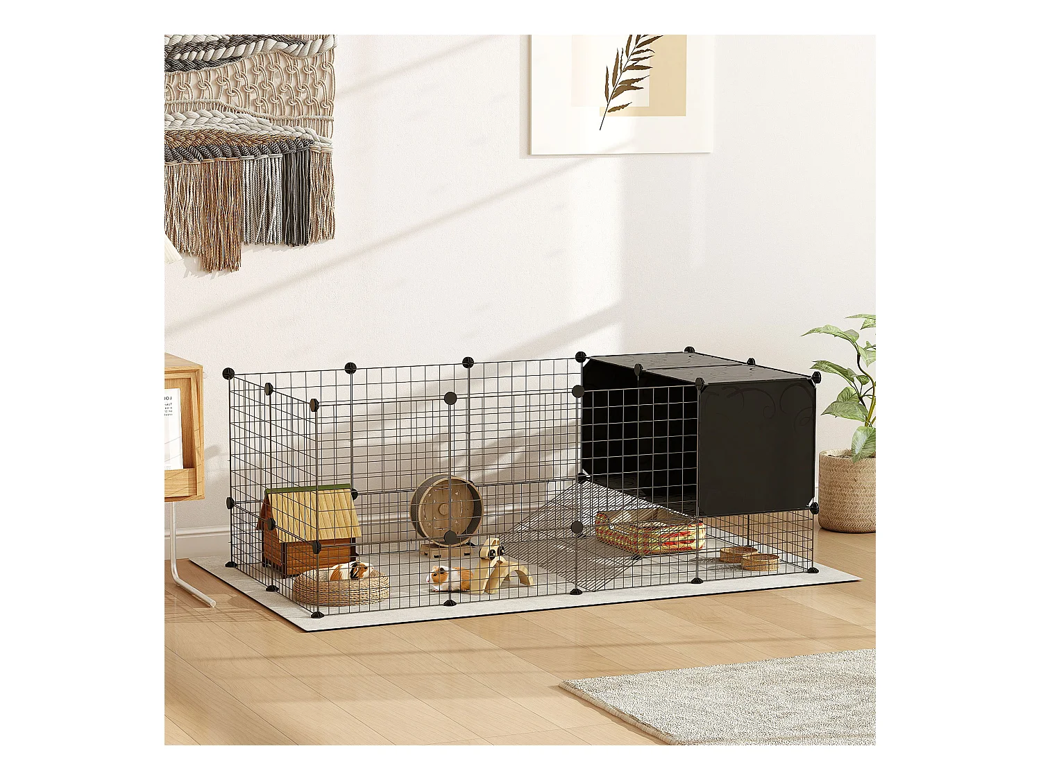 Gabbia per animali piccoli modulabile con 31 pannelli e casette rialzate