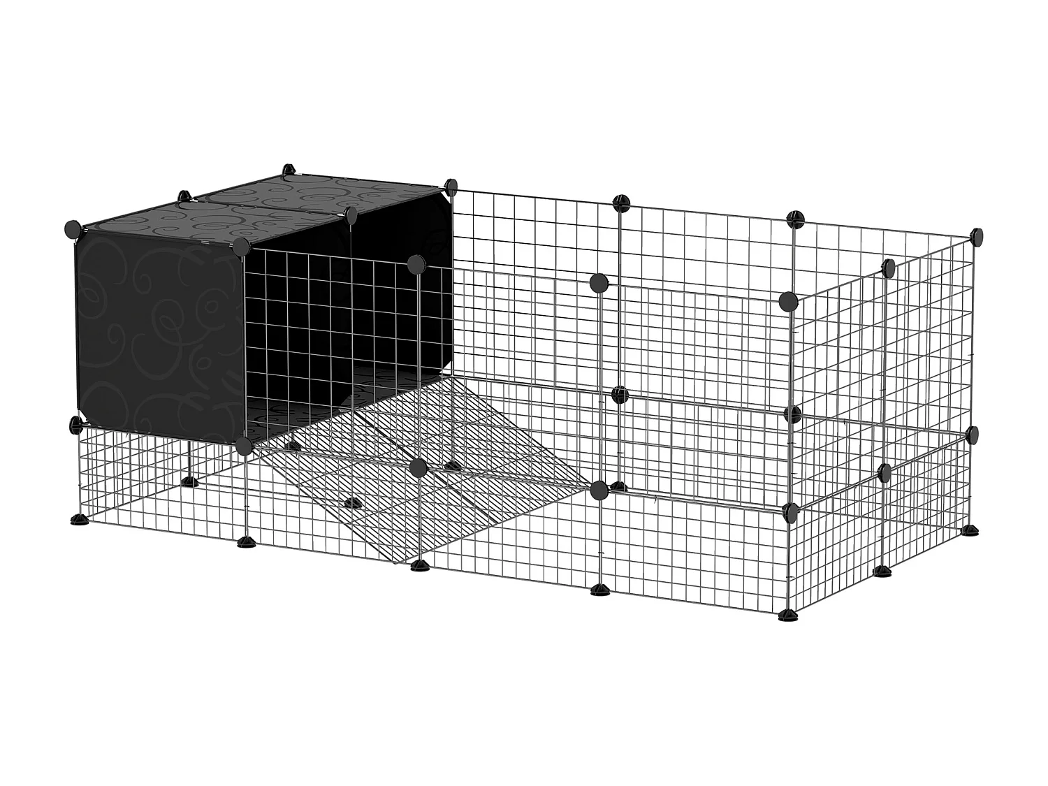 Gabbia per animali piccoli modulabile con 31 pannelli e casette rialzate