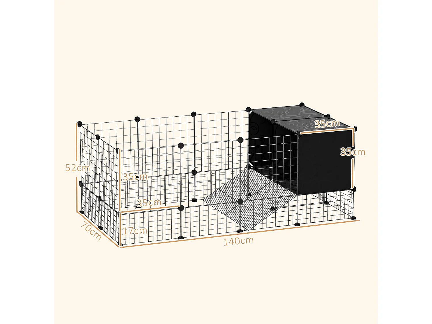 Gabbia per animali piccoli modulabile con 31 pannelli e casette rialzate