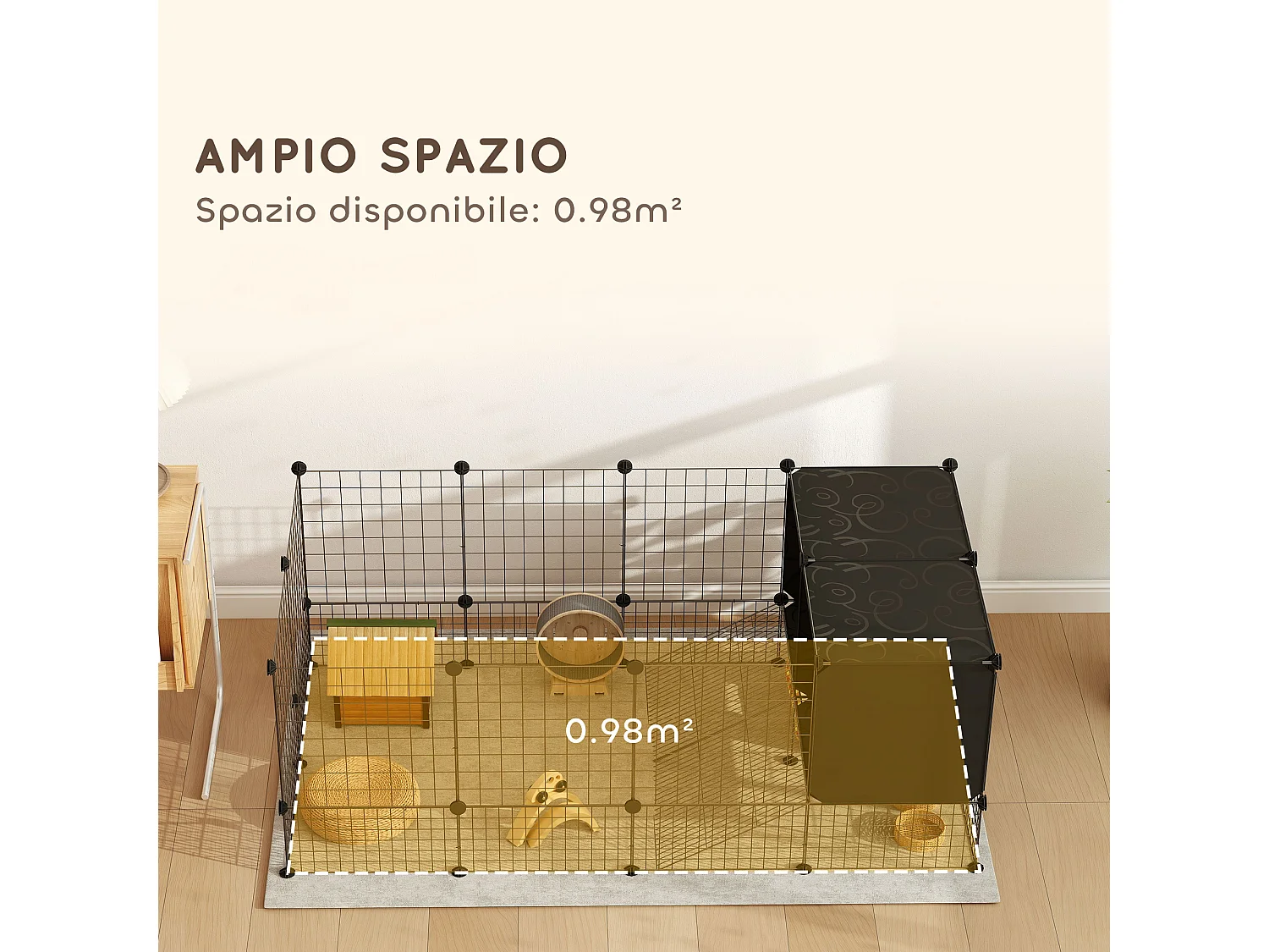 Gabbia per animali piccoli modulabile con 31 pannelli e casette rialzate