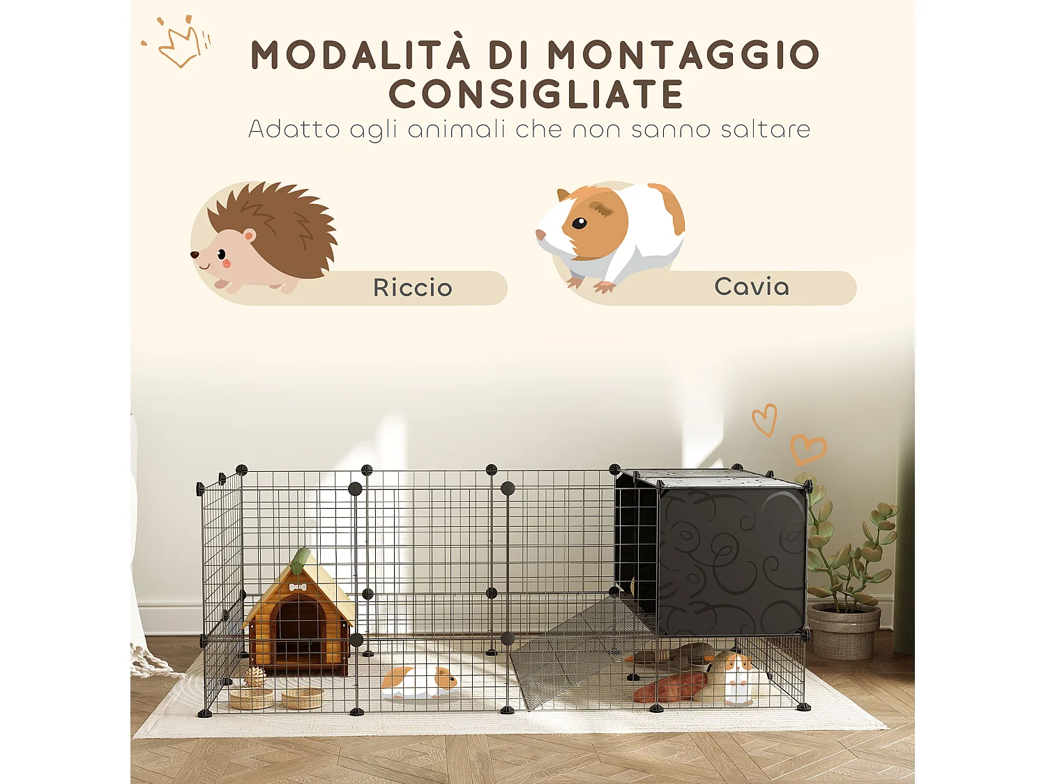 Gabbia per animali piccoli modulabile con 31 pannelli e casette rialzate