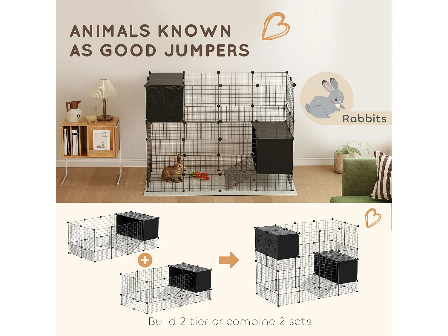 Gabbia per animali piccoli modulabile con 31 pannelli e casette rialzate