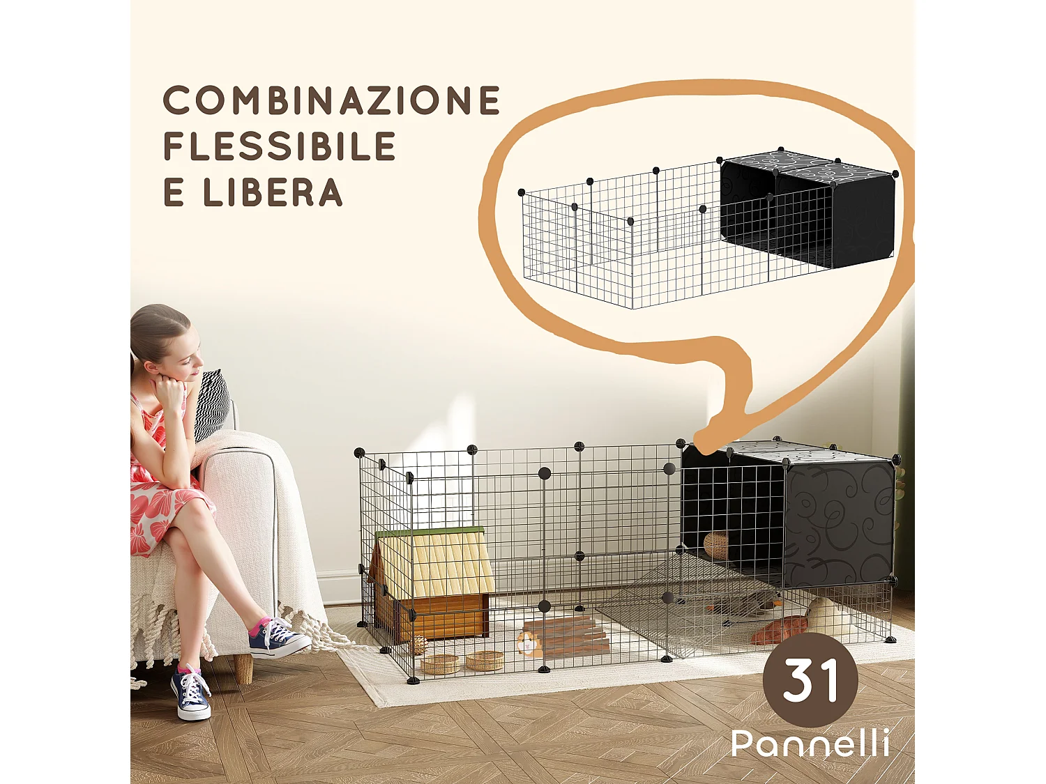 Gabbia per animali piccoli modulabile con 31 pannelli e casette rialzate