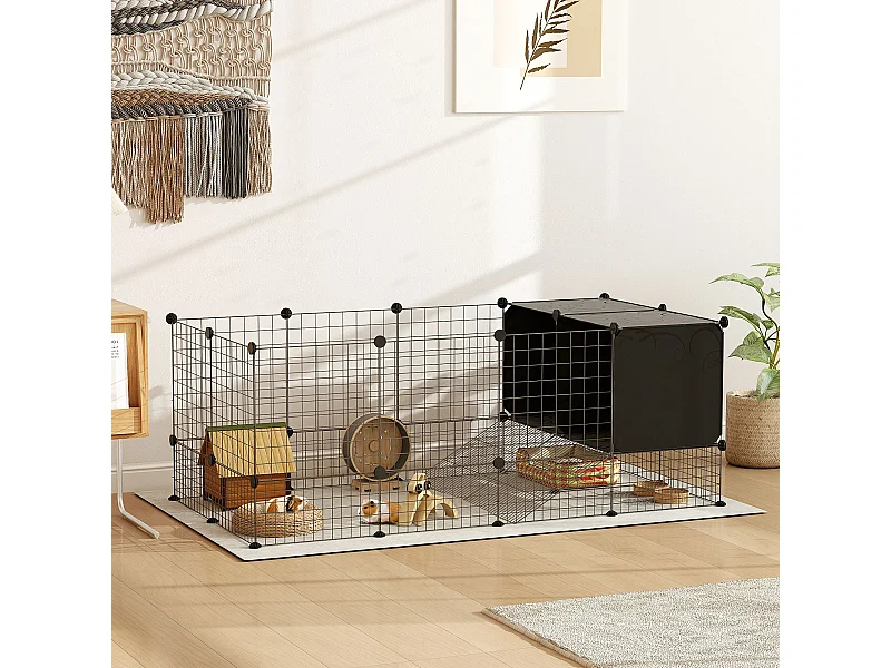 Gabbia per animali piccoli modulabile con 31 pannelli e casette rialzate