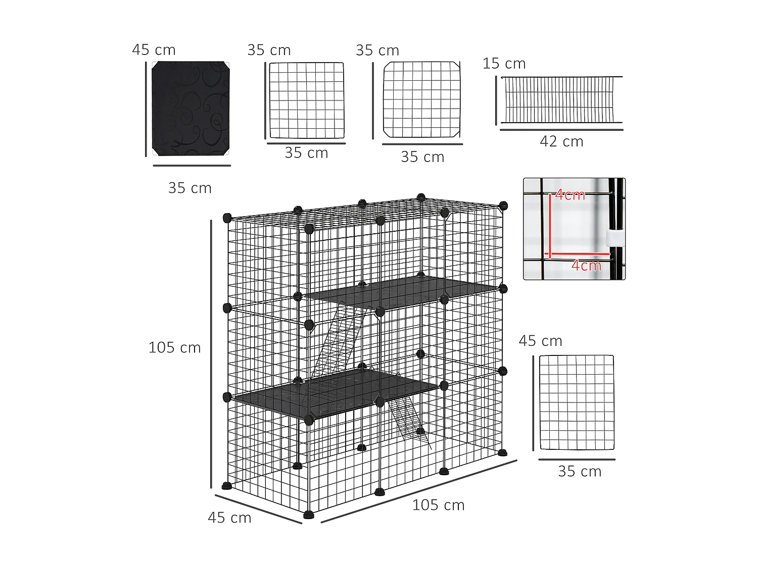 Recinto per animali modulabile con 31 pannelli, 2 porte e 2 rampe nero