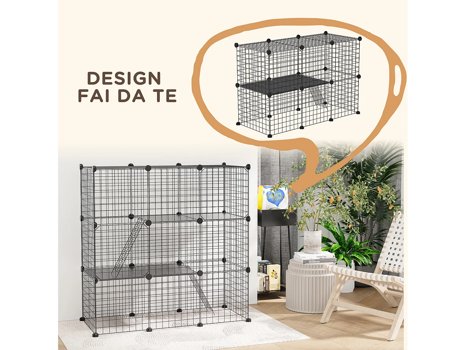 Recinto per animali modulabile con 31 pannelli, 2 porte e 2 rampe nero