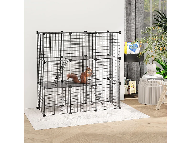 Recinto per animali modulabile con 31 pannelli, 2 porte e 2 rampe nero