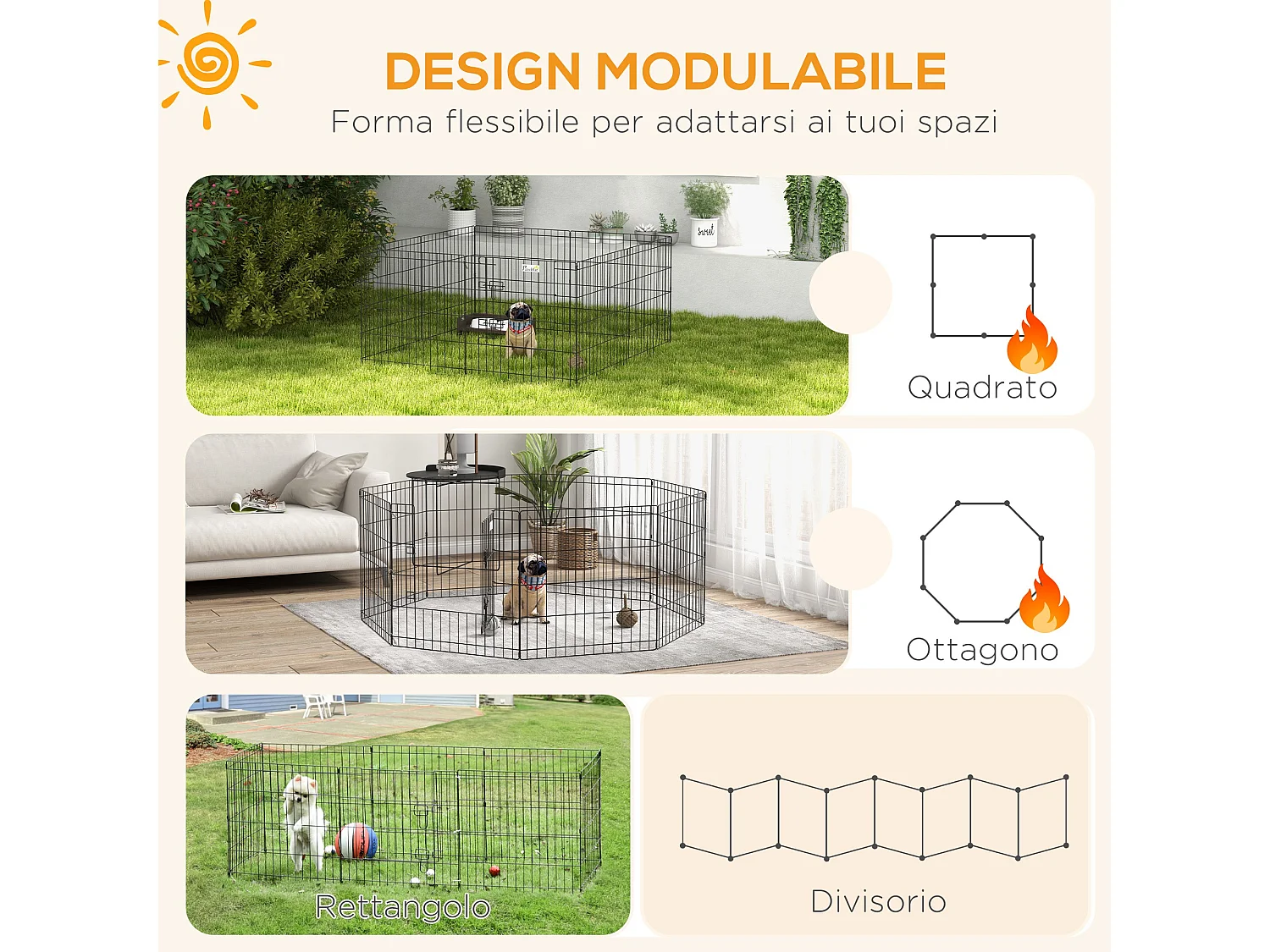 Recinto per cani da esterno e interno con 8 pannelli a rete e porta nero