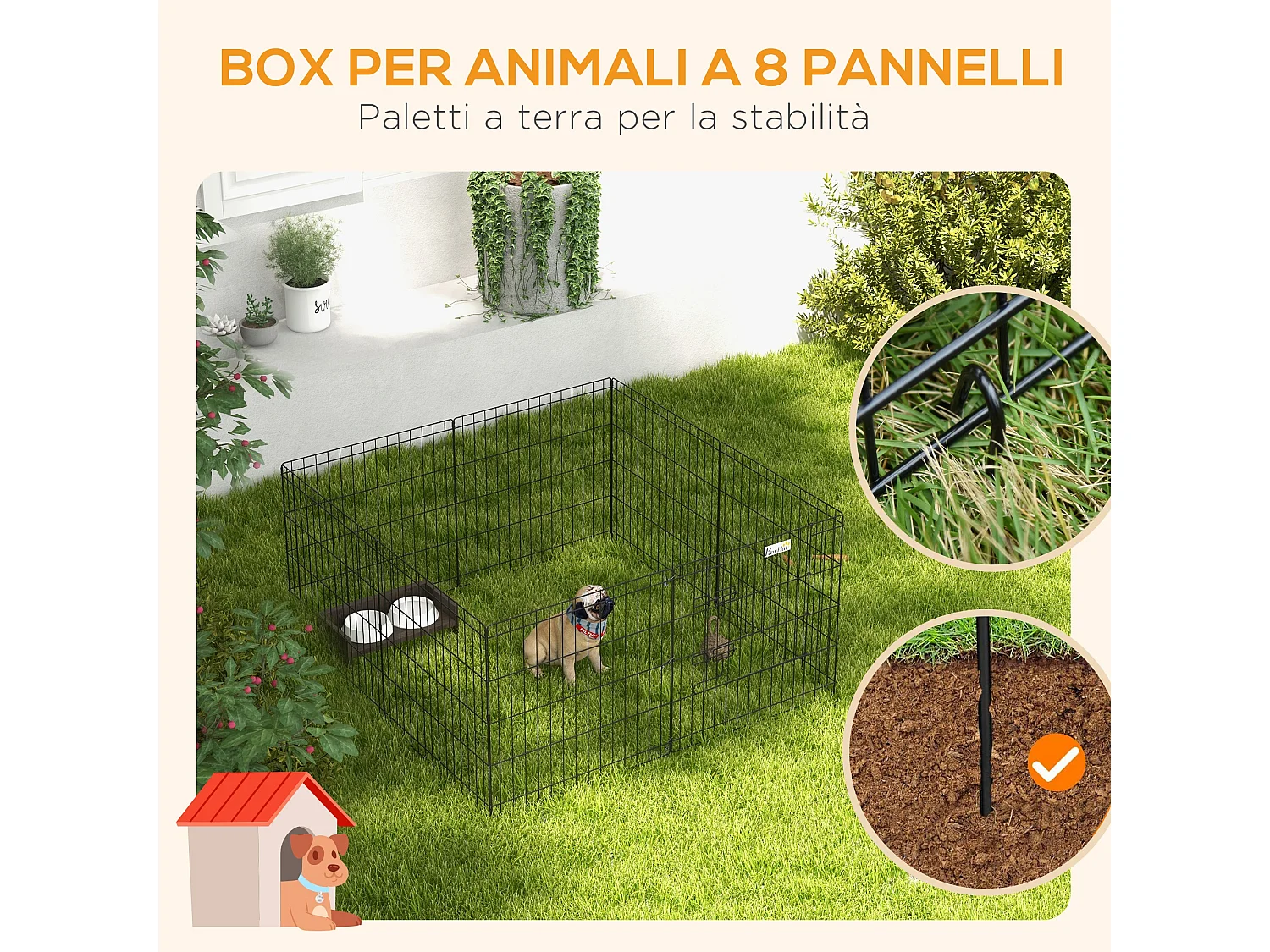 Recinto per cani da esterno e interno con 8 pannelli a rete e porta nero