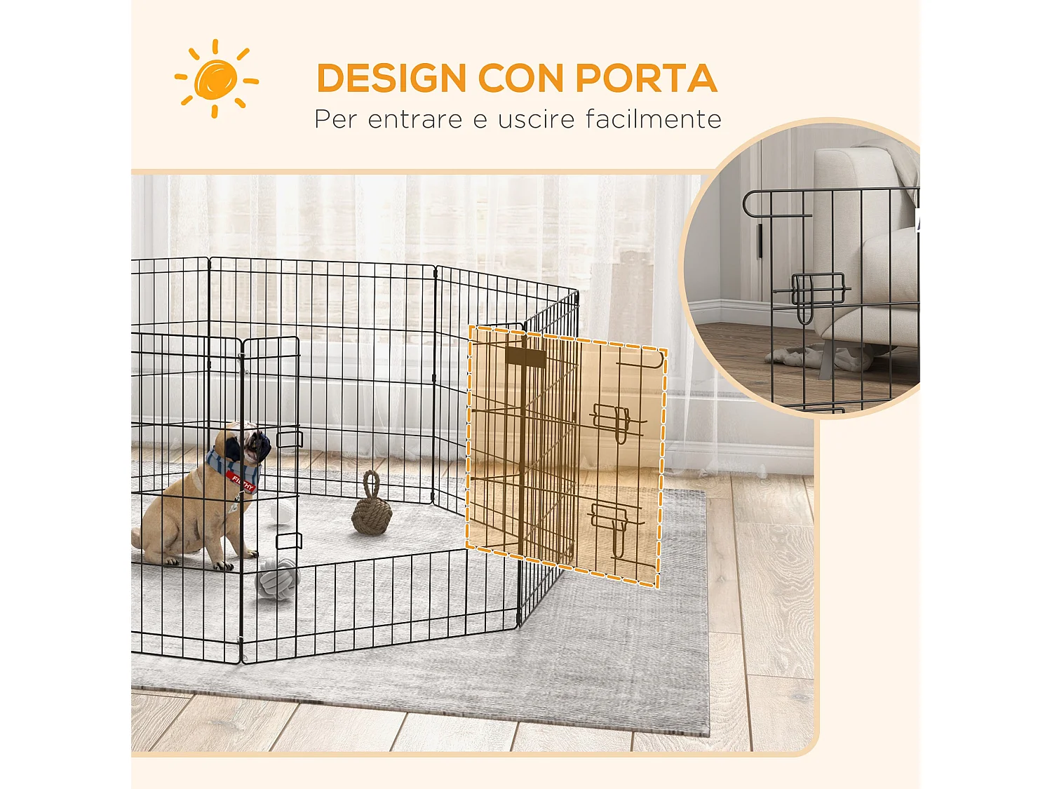 Recinto per cani da esterno e interno con 8 pannelli a rete e porta nero