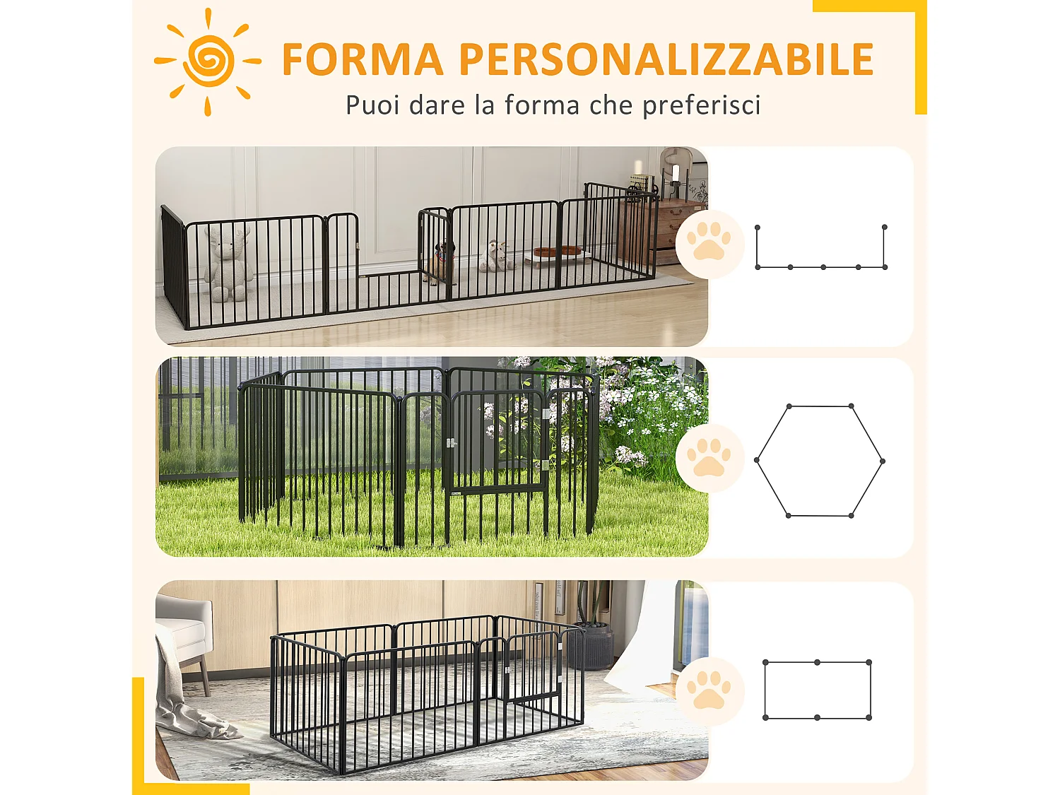 Cancellino per cani a 6 pannelli modulabili in acciaio nero