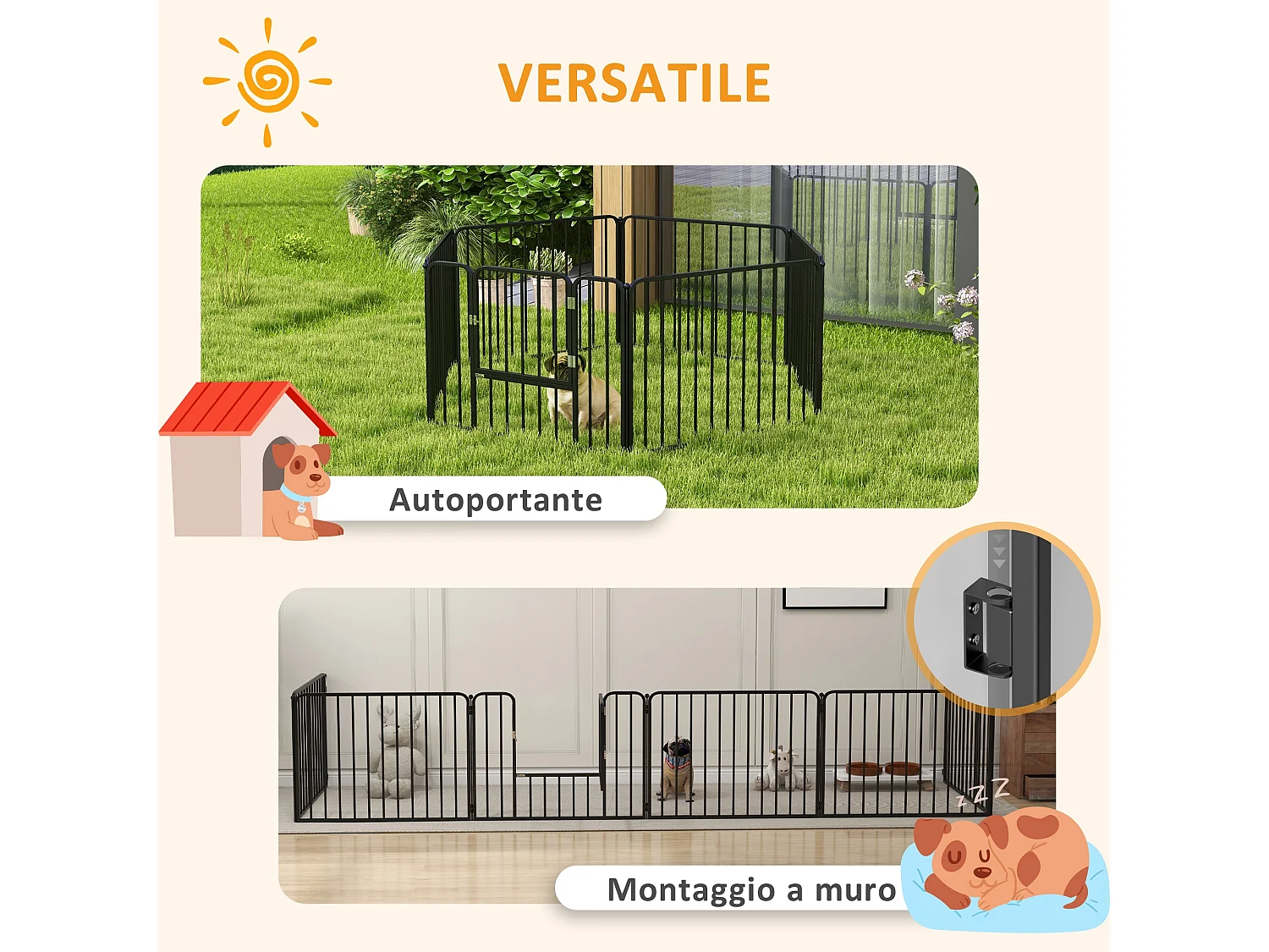 Cancellino per cani a 6 pannelli modulabili in acciaio nero