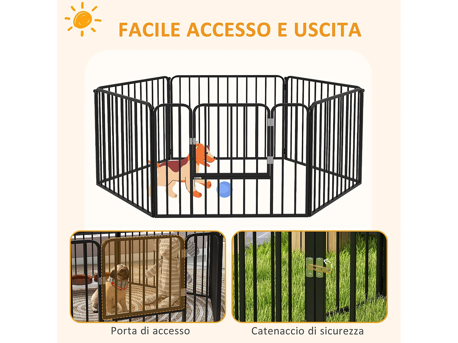 Cancellino per cani a 6 pannelli modulabili in acciaio nero