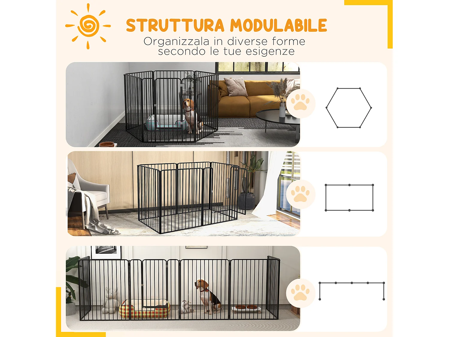 Cancellino per cani grandi a 6 pannelli modulabili 164x83x100cm nero