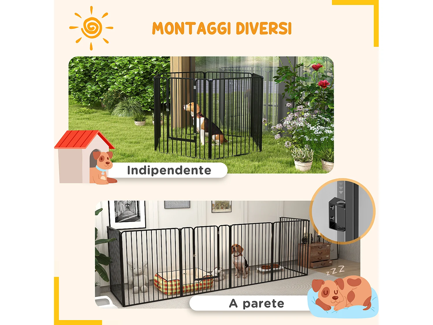 Cancellino per cani grandi a 6 pannelli modulabili 164x83x100cm nero
