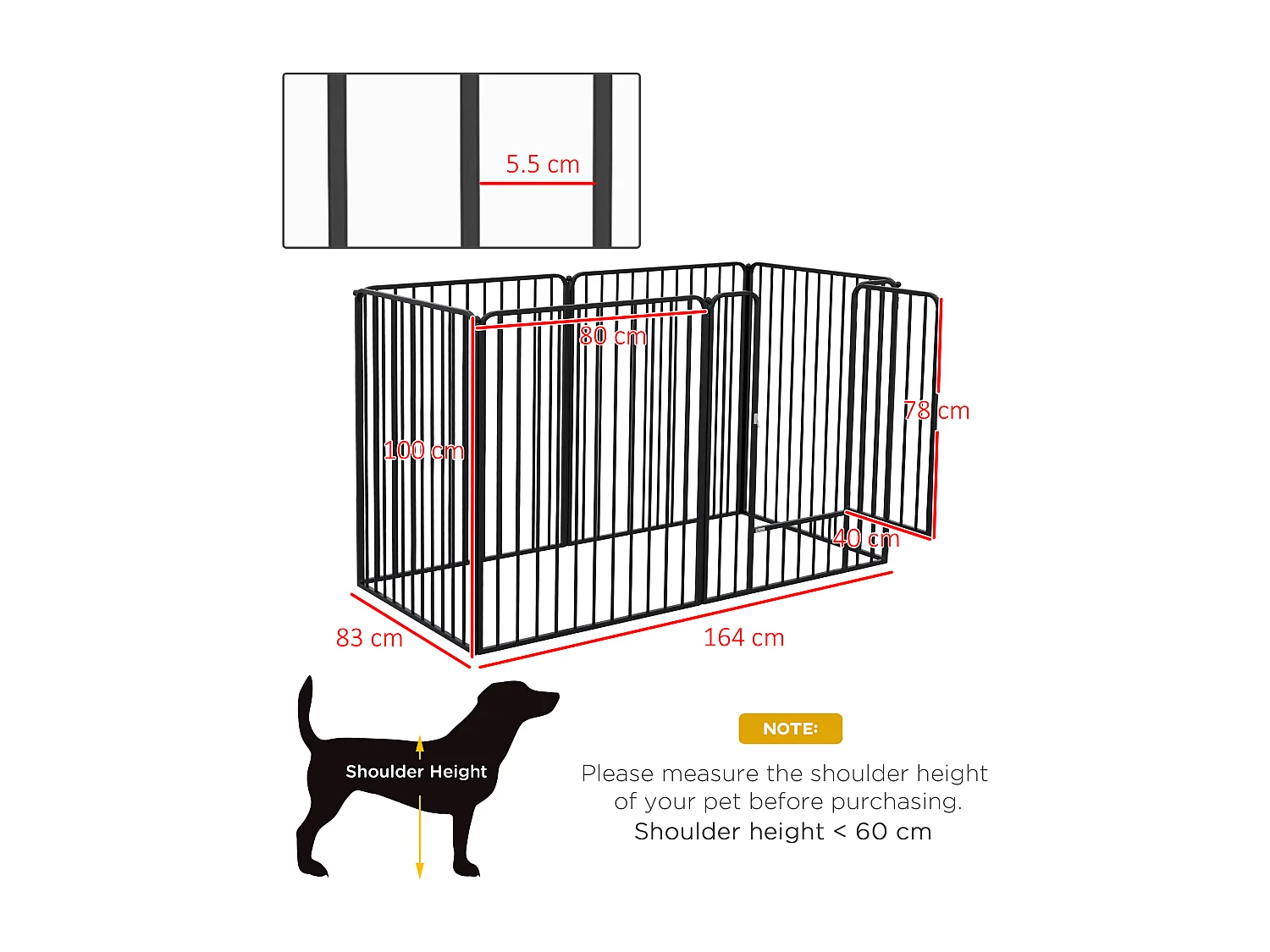 Cancellino per cani grandi a 6 pannelli modulabili 164x83x100cm nero