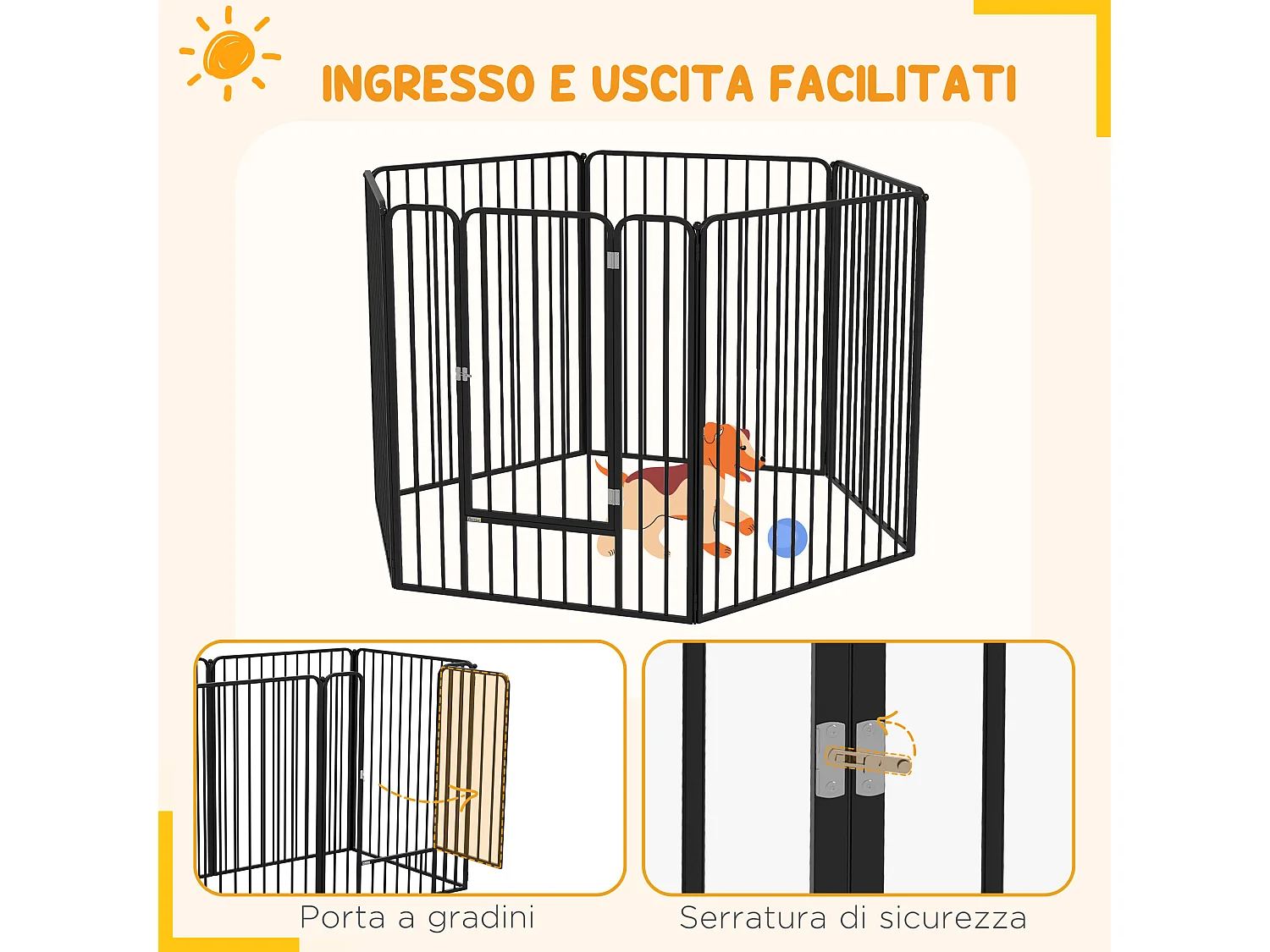 Cancellino per cani grandi a 6 pannelli modulabili 164x83x100cm nero