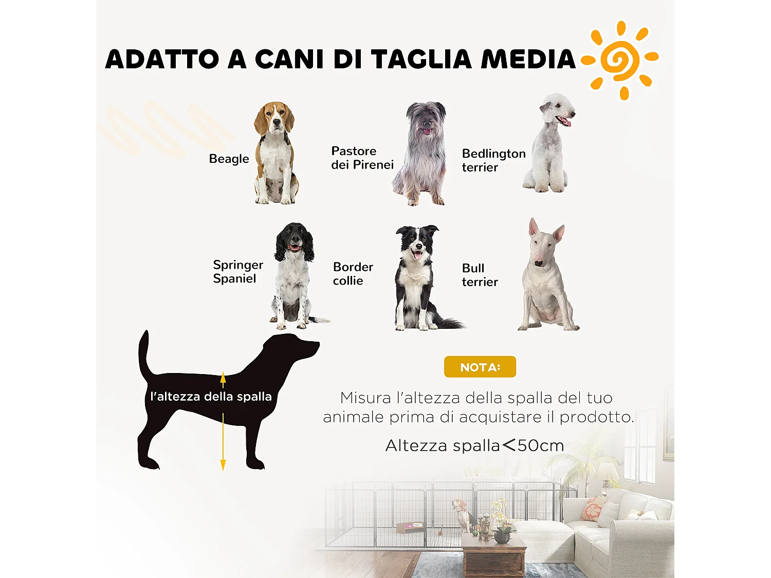 Recinto per cani a 12 pannelli modulabili da 68x1.5x80cm in acciaio nero