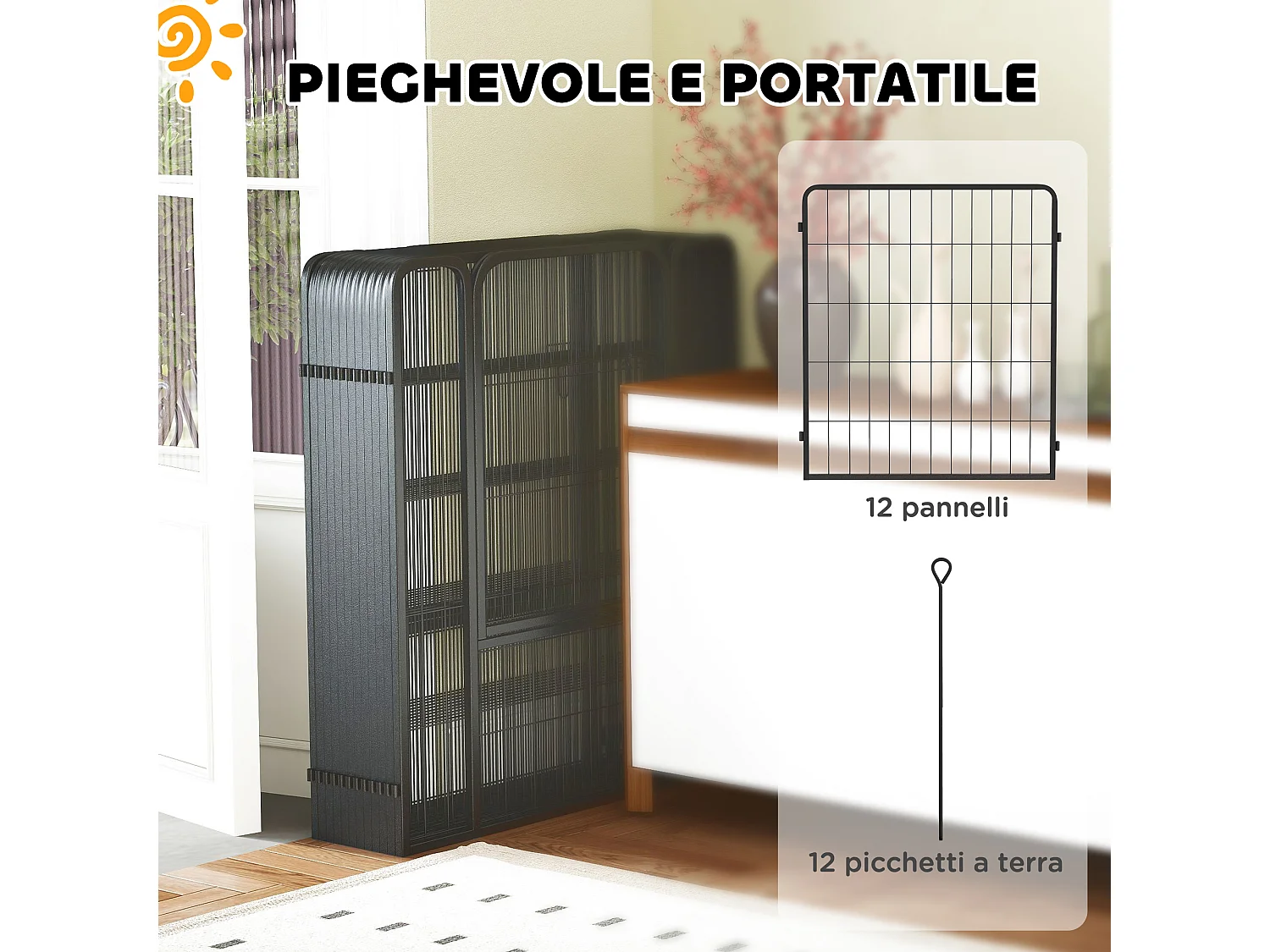 Recinto per cani a 12 pannelli modulabili da 68x1.5x80cm in acciaio nero