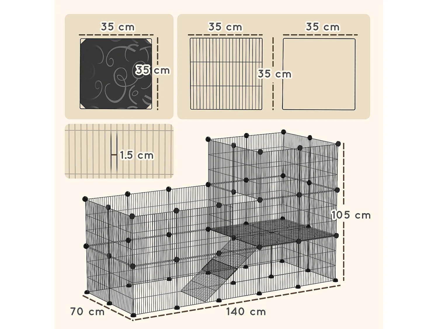 Recinto per animali modulabile e multilivello con 39 pannelli nero