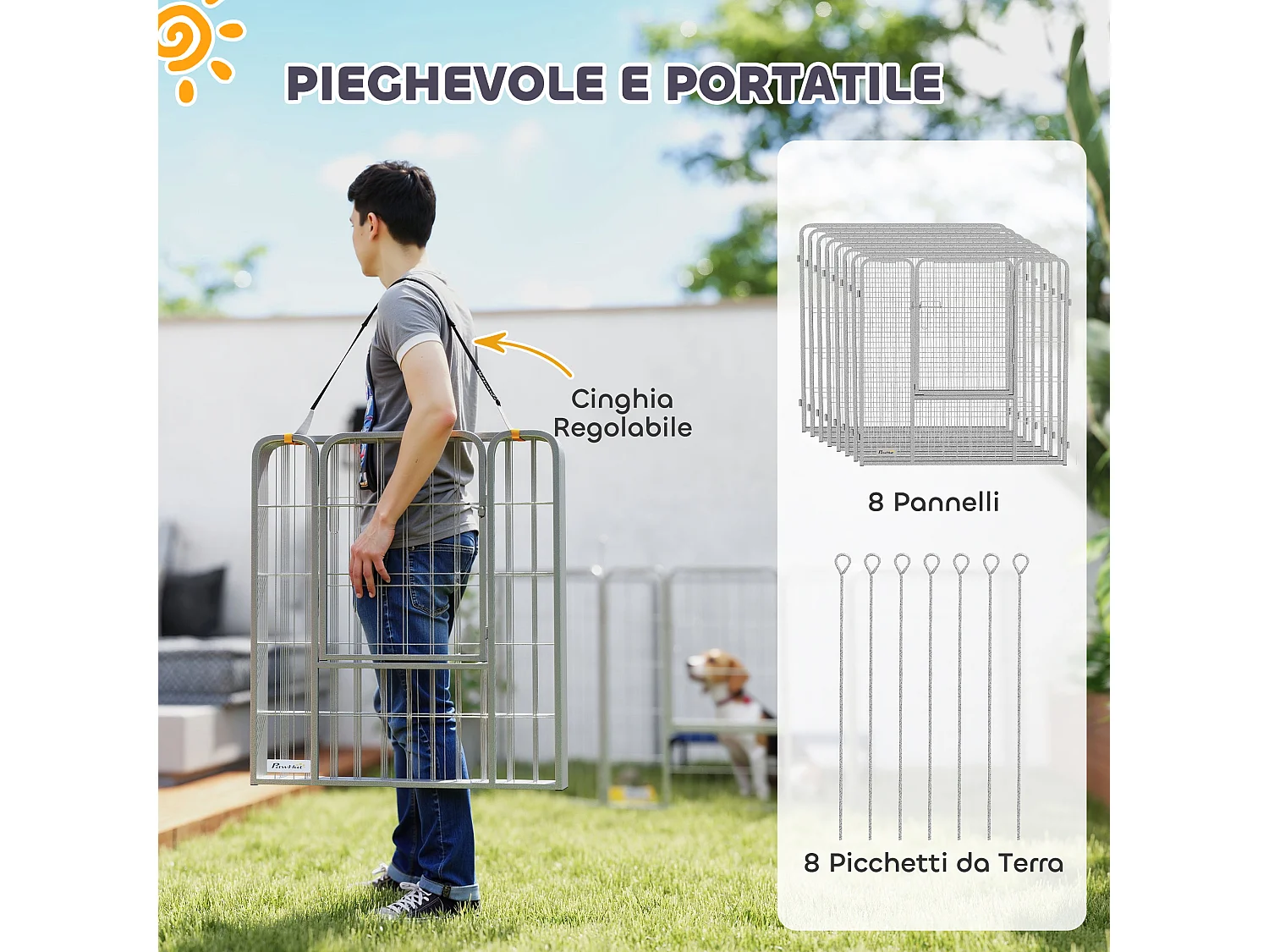 Recinto per cani 8 pannelli pieghevole con porta altezza 80 cm argento